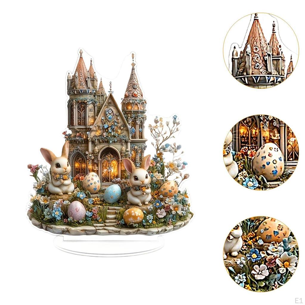 2D Easter Castle Bunny Statue Decor Creative Tabletop Sculpture Acrylic Desktop Figurine for