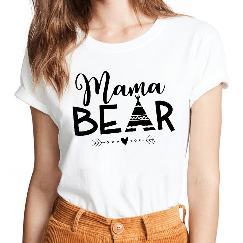 Lattice Mama Bear Letter Print T Shirt Women White Shirts Fashion O-Neck Short Sleeve T-Shirt Summer Tee Casual Top Female Tee