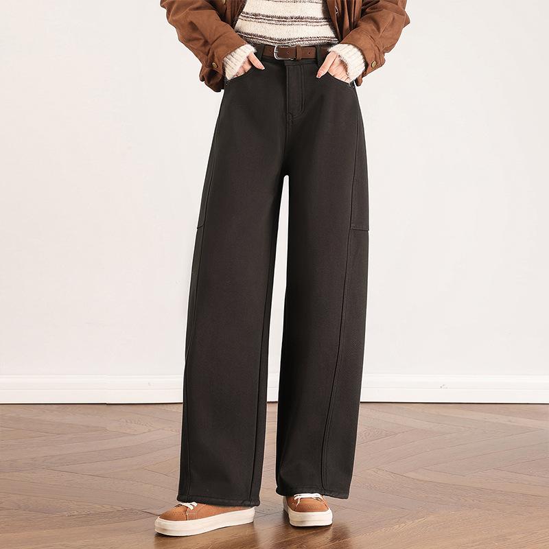 

Winter 2025 Plus Velvet Denim Curved Wide-Leg Slim Pants: Stylish, Hip-Covering, Loose Fit 3XL кофейный