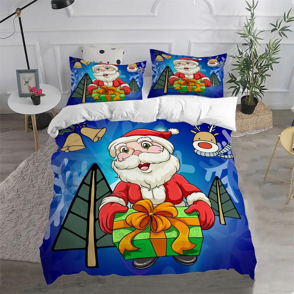 Merry Christmas King Queen Duvet Cover Red Cartoon Santa Bedding Set Kids Boys Girls Christmas Tree 2/3pcs Polyester Quilt Cover