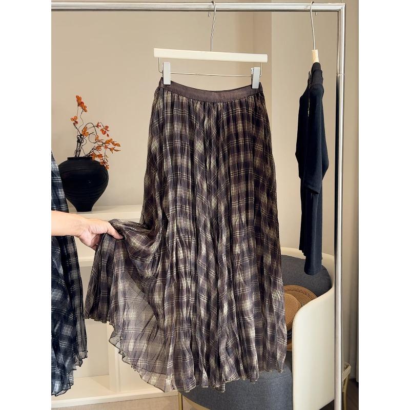 Blue Brown Plaid Tulle Pleated Plaid Midi Skirt Women A-line Irregular Midi Skirt for Winter Vintage Personality