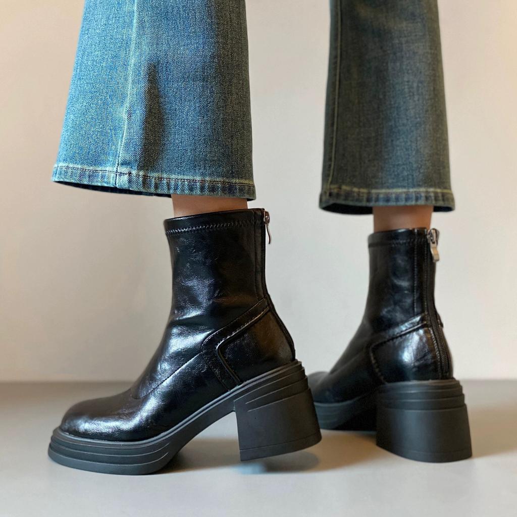 Small Height-increasing Short Boots Women's Thick-soled Waterproof Table Martin Boots Rear Zipper High-heeled Boots
