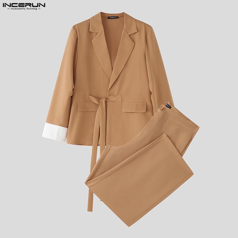 INCERUN Two Pieces Men Long Sleeve Lace-up Thin Blazer Long Straight Pants Loose Sets