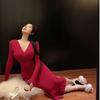Sexy Spice Girl Red V-Neck Long Sleeve Dress Women's Spring New Slim Skinny Hip Wrap Niche Long Skirt
