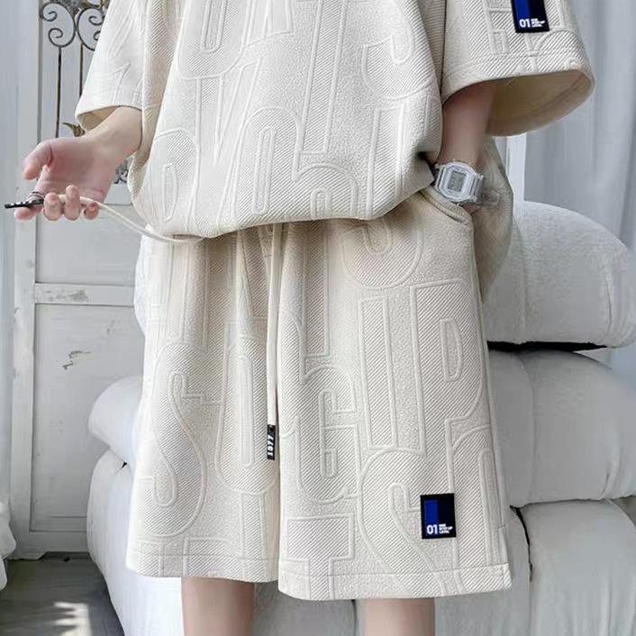 Men's Trendy Summer Jacquard Sport Outfit: Casual Two-Piece Set with Short Sleeves and Shorts