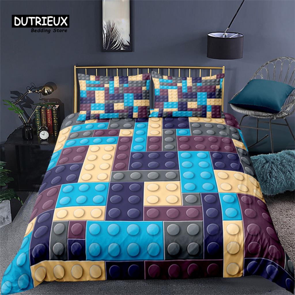 Colorful Toy Duvet Cover Funny Building Blocks Bedding Set With Pillowcases For Toddler Kids Teens Boys Girls Gift Bedroom Decor