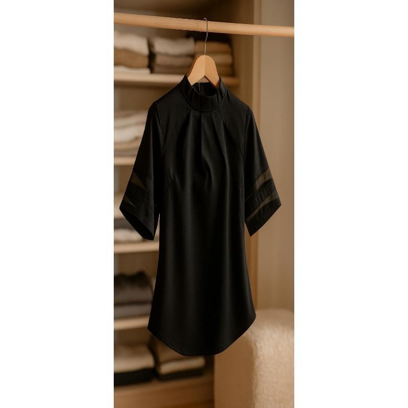 Women Loose Solid Color Casual High Neck Seven Quarter Sleeve Blouse