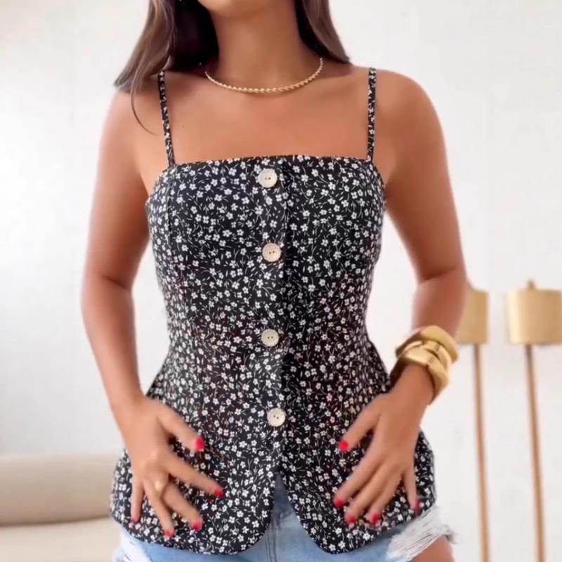 Womens Floral Print Spaghetti Strap Button Down Peplum Cami Top S чёрный