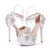 Mode 2025 Damen Sommer Sandalen Weiß Runde Zehenpartie Braut Hochzeit Damen High Heels Kleiderschuhe Strass Knöchelriemen