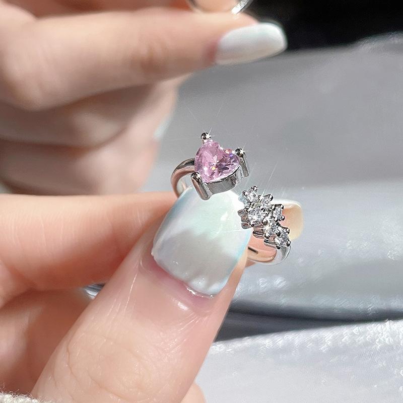 Pink Zircon Love Open Ring Fashion Light Luxury High-End Index Finger Ring Niche Design Personalized Accessories