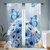 2Pc Blue And White Floral Butterfly Pattern Curtains, Polyester Fabric, Machine Washable, Suitable For Bedroom And Living Room