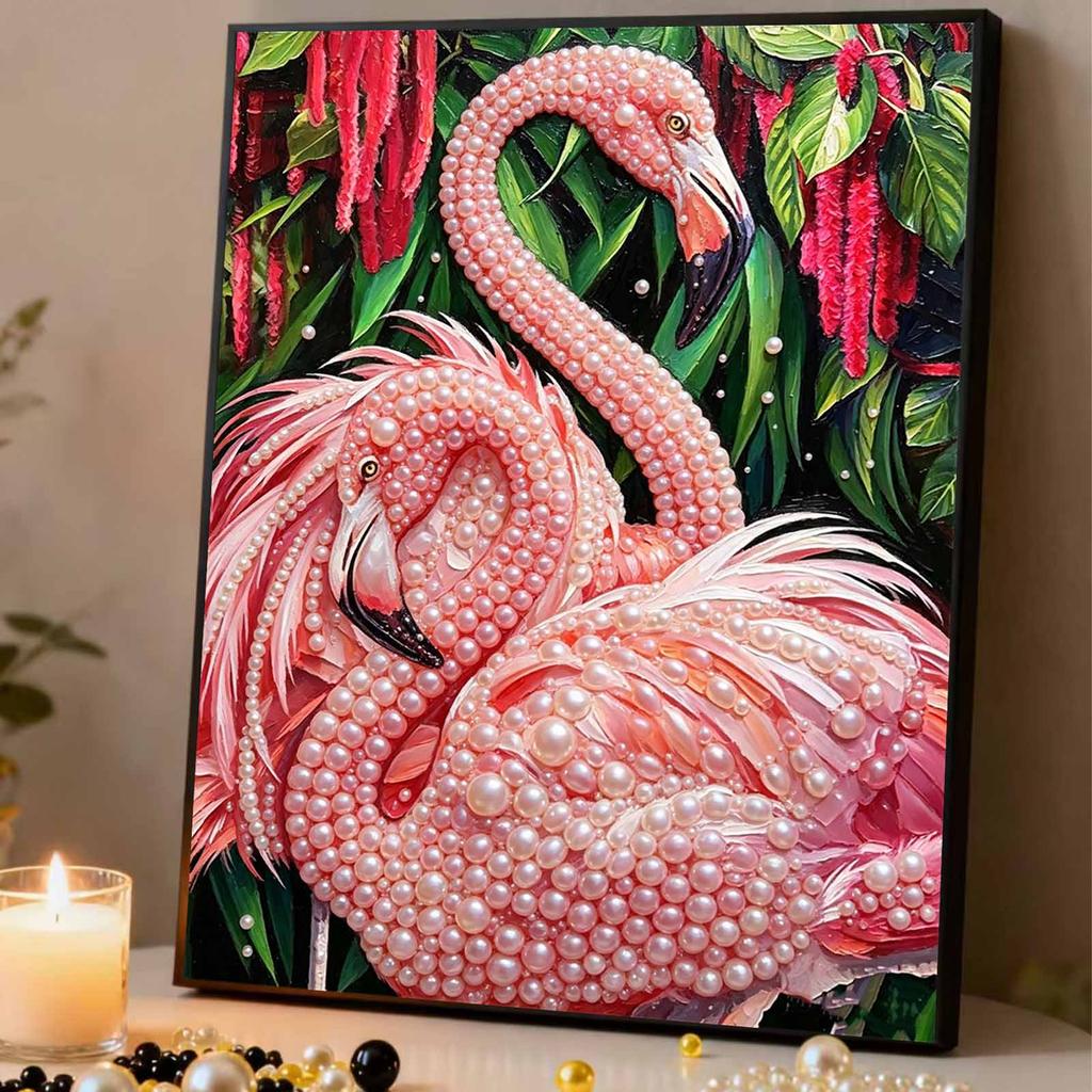 DIY Framed Pearl Painting Kit Elegant Pink Flamingo Pattern Sparkling Bead Canvas Creative Craft Gift for Women Adults Hobby Art Wall Decor