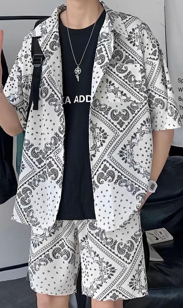 Paisley Pattern Short Sleeve Shorts Top and Bottom Set Street Style Collared Shirt and Shorts Set Short Sleeve Set Setup 2 Piece Set Patterned Shirt