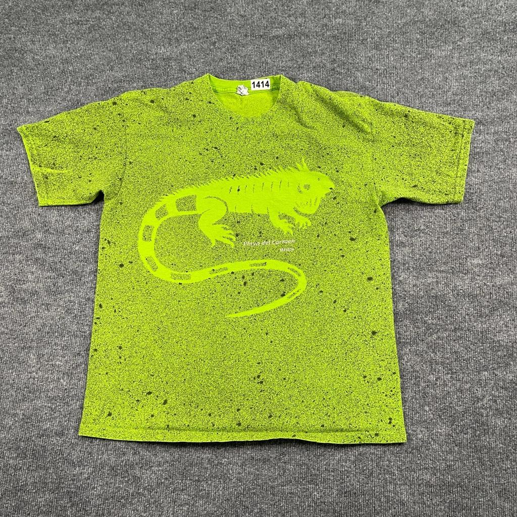 Vintage 90s Playa-del-Carmen Iguana Mexico Souvenir Shirt Large 21x26 Green