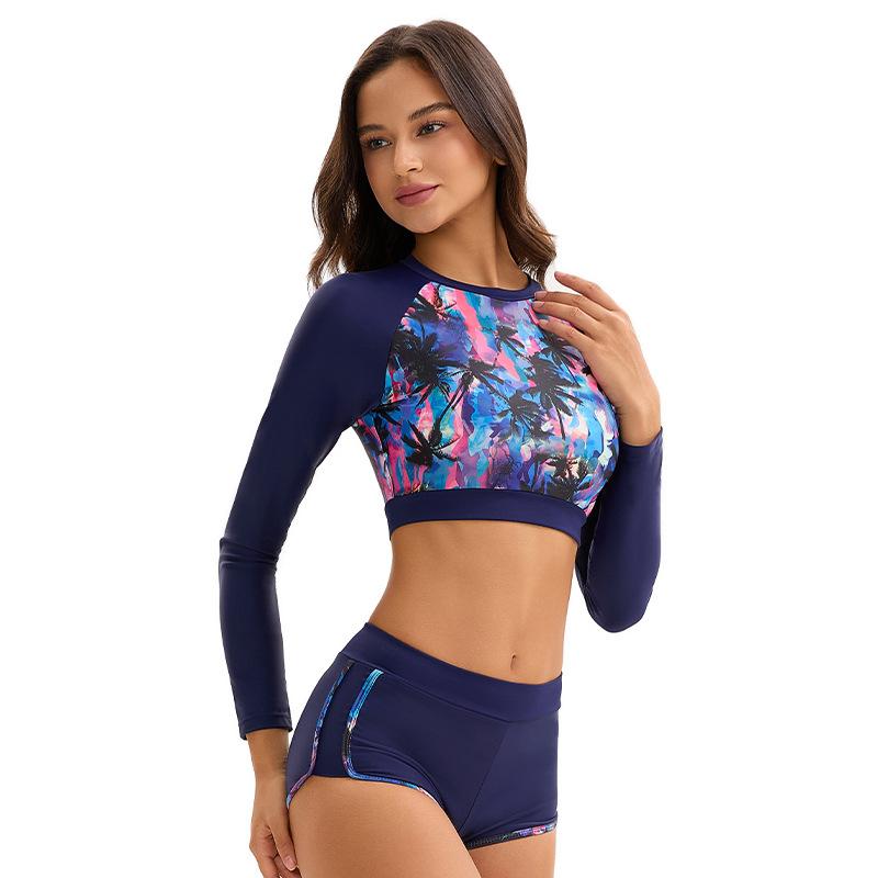 Split Swimsuit Russian Long Sleeve Sun-proof Printed High Waist Boxer Women's Surfer Suit Swimsuit