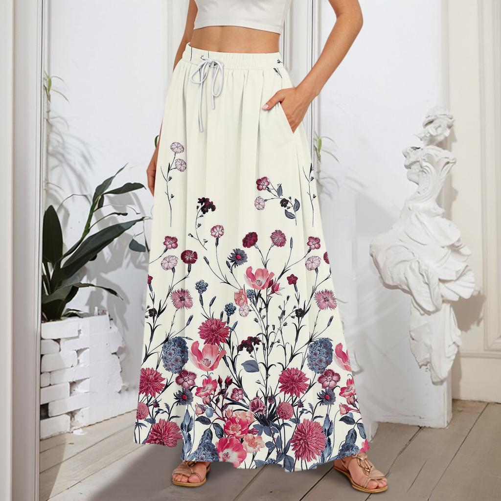 Women's Flowy Flared Ruffle Hem A Line Maxi Skirts Elastic Waist Elegant Tiered Layer Boho Long Skirts