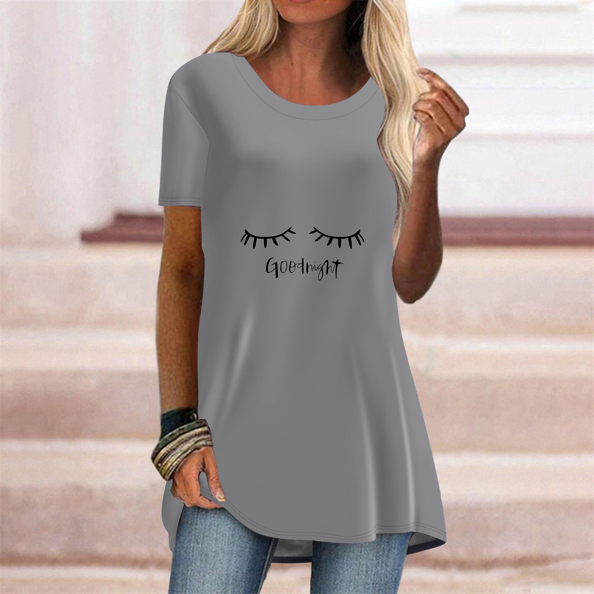 

Плюс размер Женская весенняя фиолетовая футболка с принтом улыбающегося лица, удобная, с коротким рукавом и круглым воротником, повседневные мешковатые футболки средней длины 8XL серый