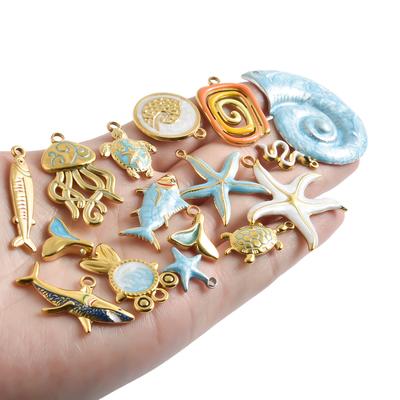 3pcs Blue Oil Dripping Charm Sea Animal Fish Spiral Conch Stainless Steel Pendants For Jewelry Making Supplies DIY Beach Charms