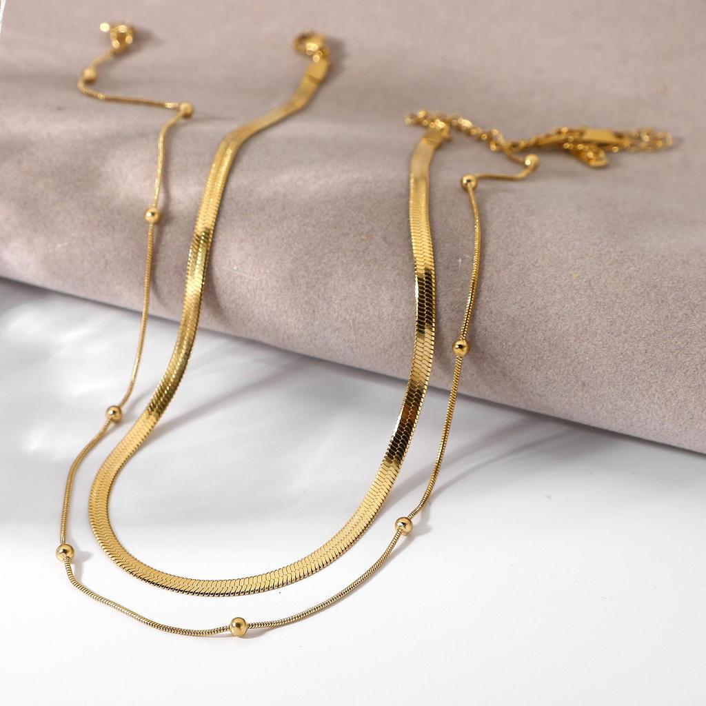 European & American Minimalist Round Bead Layered Snake Chain Necklace – Women's Light Luxury Stainless Steel Clavicle Chain