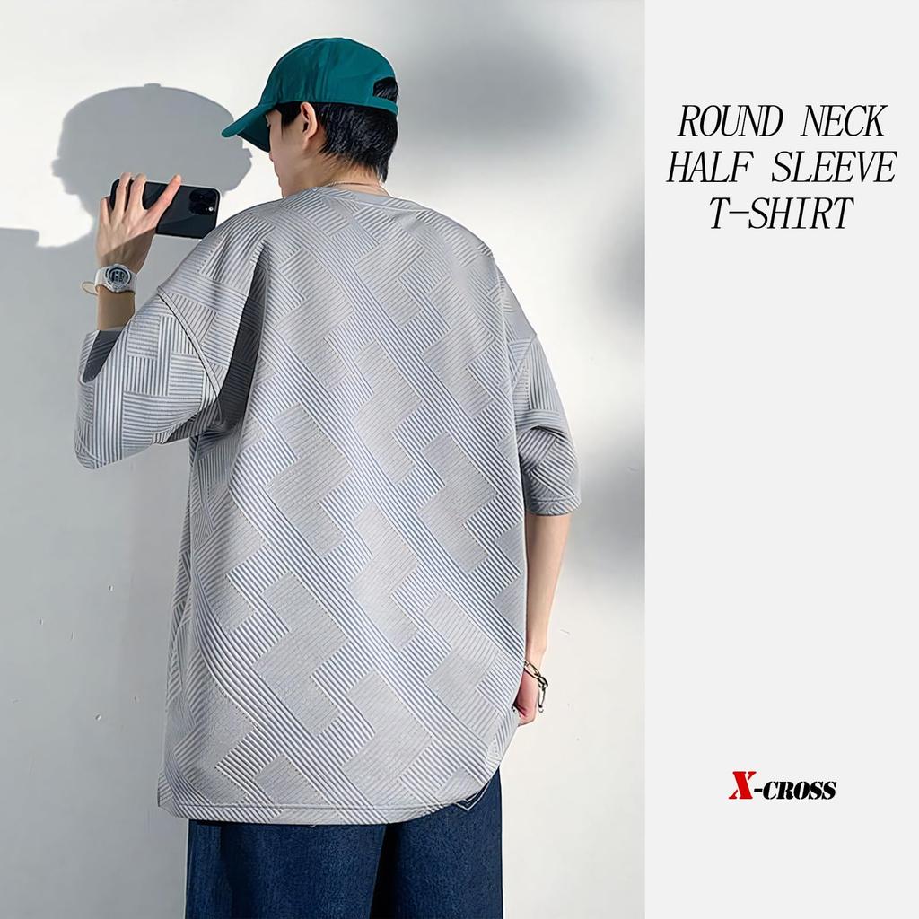 Sleeve Solid Loose Crew Big Round Korean Street Short Simple Gray X-cross Men's 3/4 T-Shirt, Color, Fit, Opaque, Stylish, Oversized, Neck, Silhouette,
