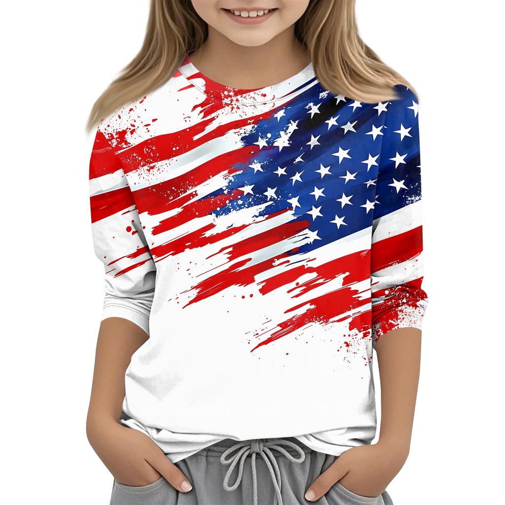 Children's 3/4 Sleeve Tops Casual Print T Shirt Round Neck Pullover Blouse