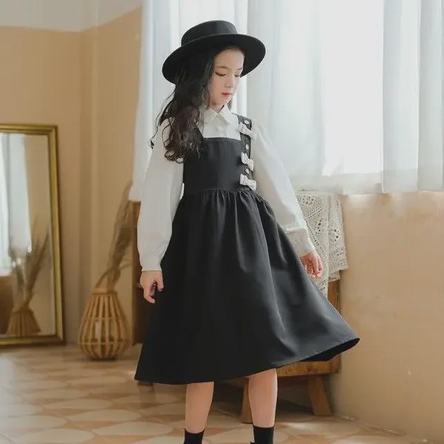 Girls' Long-Sleeve Two-Piece Suspender Dress - Stylish Spring/Autumn Skirt for Kids