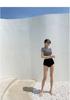2024 Korean Style Striped High-Waisted Tummy-Covering Short Sleeve Swimsuit