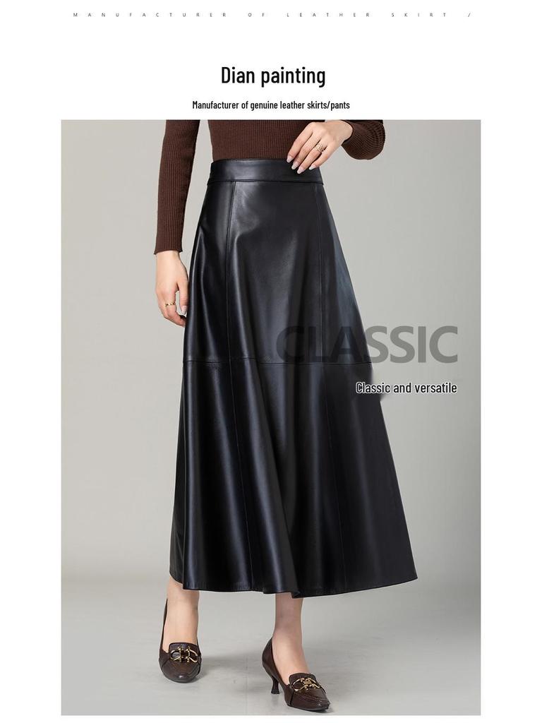 Genuine Leather A-Line High Waist Skirt for Women - Spring/Autumn Sheepskin Umbrella Skirt