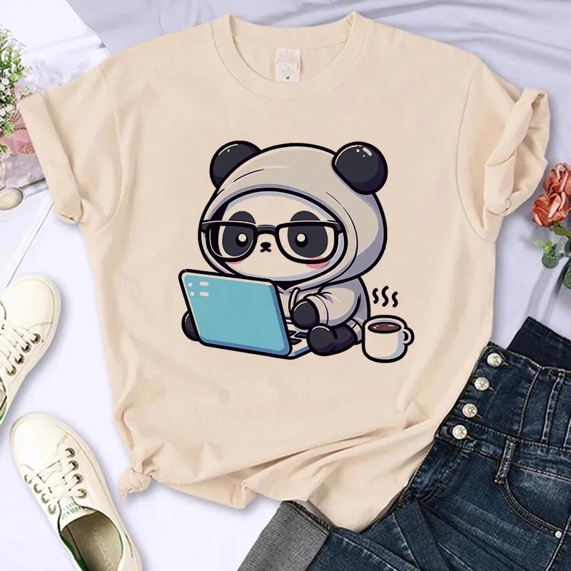 Funny Cute Panda Printed T Shirt for Women Summer Short Sleeve Cartoon Casual Creative T-shirt Vintage Round Neck Clothes