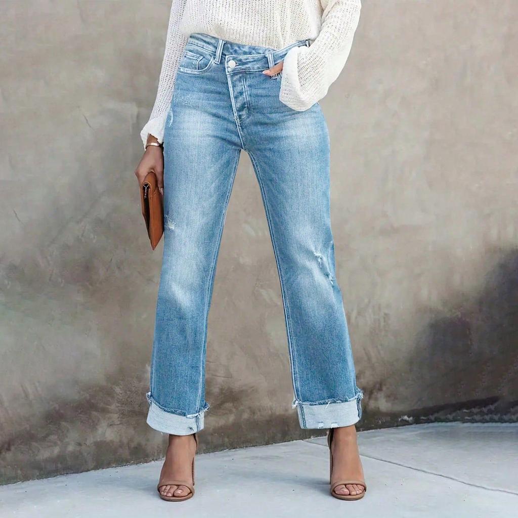 Ladies' Solid Color Casual Versatile Mid Waist Straight Leg Denim Straight Leg Jeans With Fringed Edges