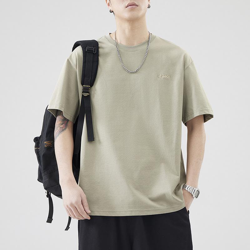 Men Crew Neck Short Sleeve T Shirt With Small Embroidery Loose Fit Casual Daily Tops