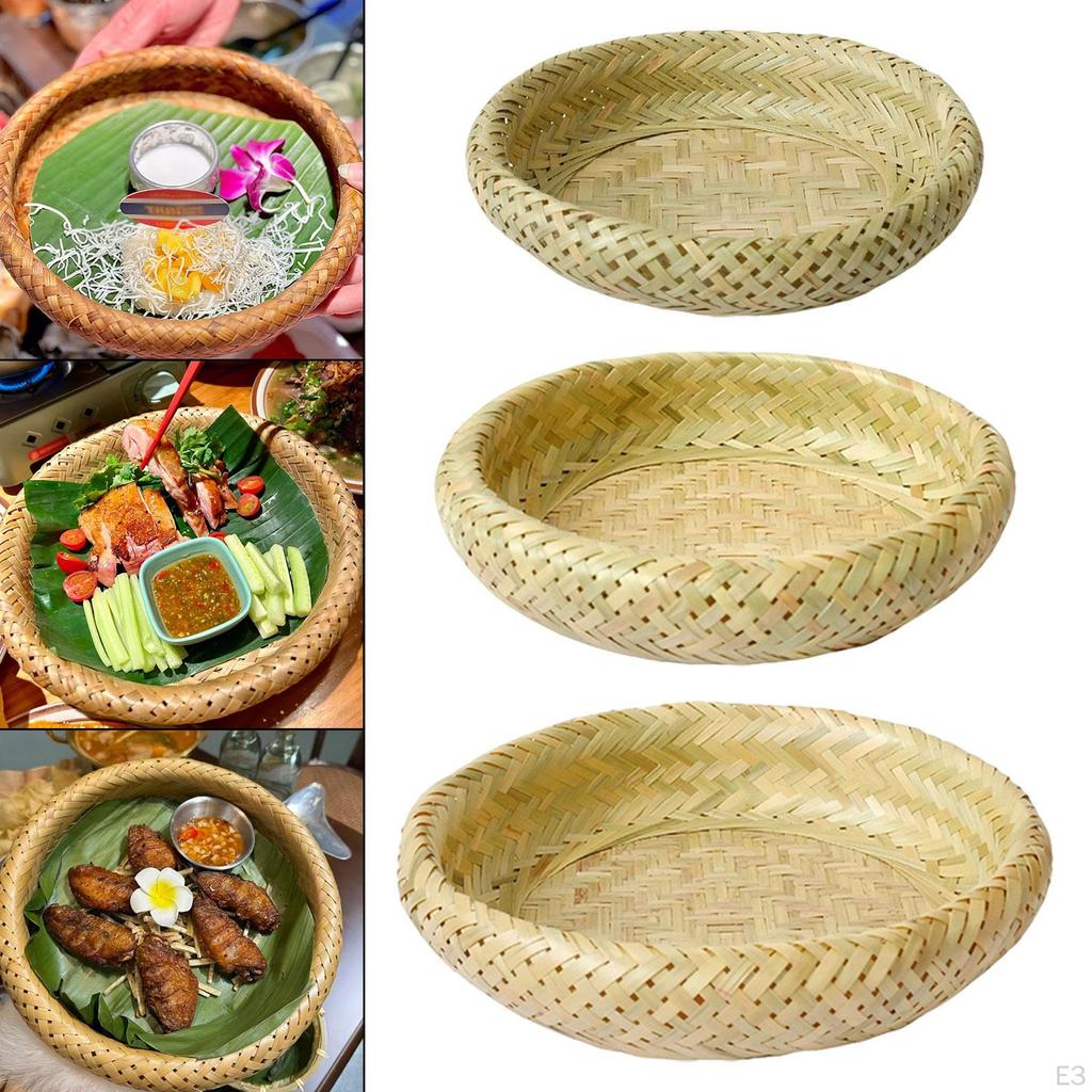 Bamboo Round Serving Tray Basket Accessories Craft Decorative Circle Food Hand Woven Dish for