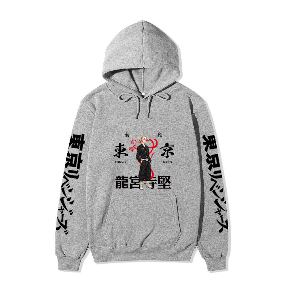 Tokyo Revengers Hoodie with Ryuguji Ken Print, Long Sleeve Pullover Sweatshirt, Anime Street Casual Unisex Sweatshirt with Japanese Text Sleeves