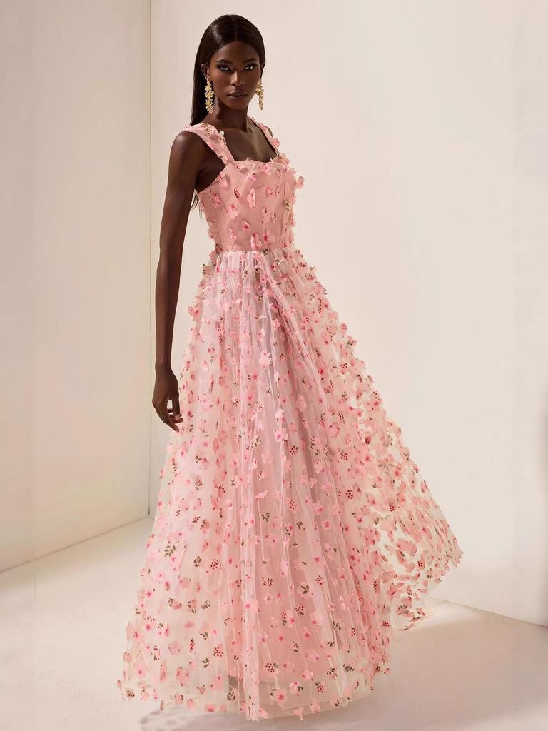 2026 Sommer Europäisches & Amerikanisches Damen Quadratischer Ausschnitt Netz-Taille Abendkleid