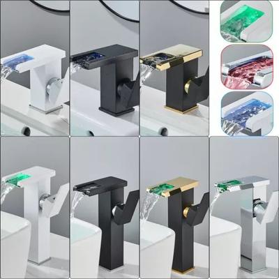 LED Waterfall Bathroom Basin Faucet, Single Handle Cold Hot Mixer Sink Tap RGB Color Change Powered by Water Flow