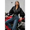 Women Black Faux Leather Jacket Wide Lapel Lantern Sleeve Slim Fit