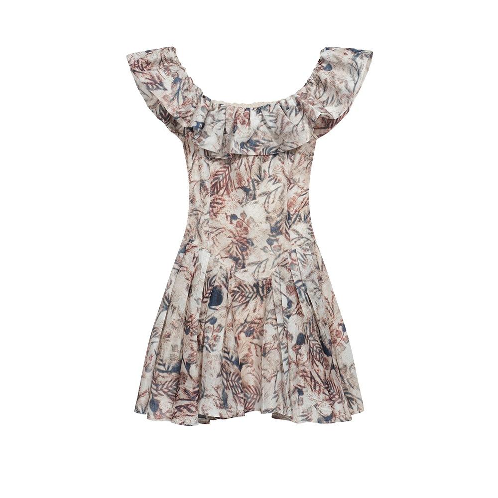 Real Summer Clothes New French Retro Floral Dress Women's Word Shoulder Waist a Word Thin Princess Dress