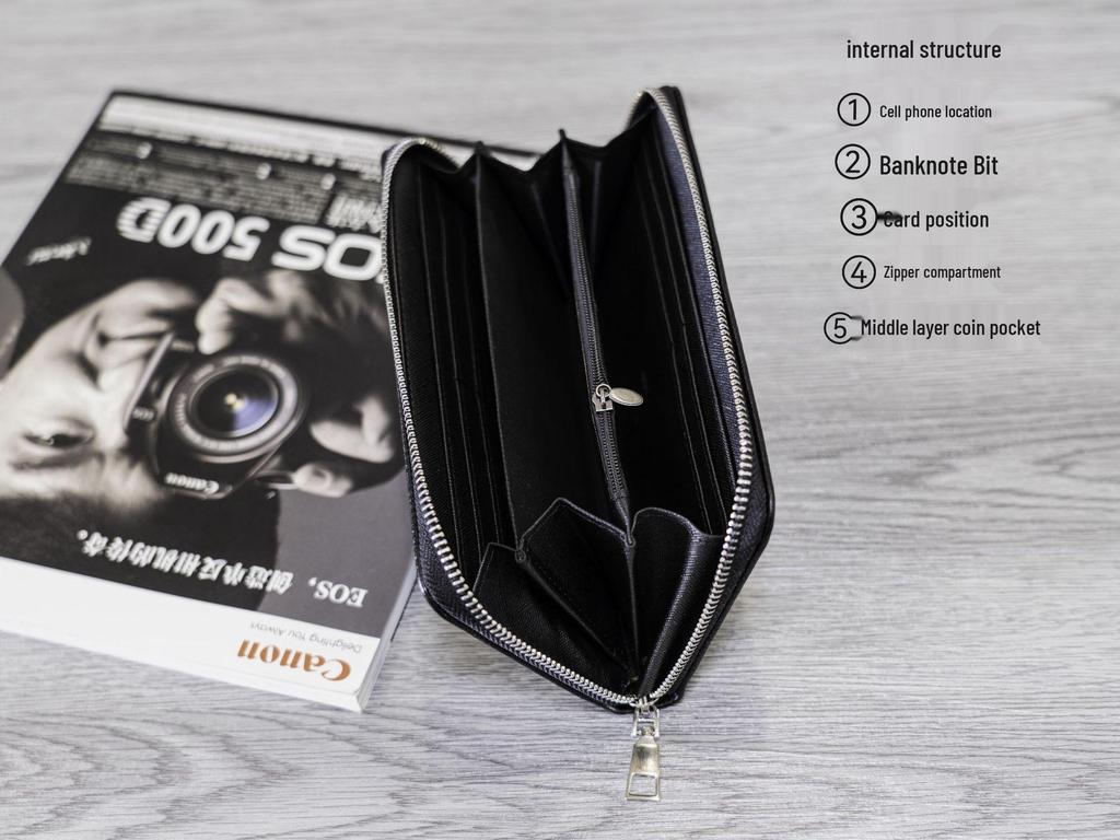 Men's Large Leather Clutch Wallet with Zip-Around Closure and Multi-Card Slots