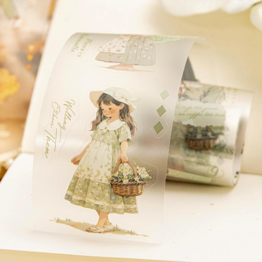 Alideco Masking Cute Retro French Rustic Girl 55mm Wide x 2m PET Adhesive Wide Stylish Masking Sticker 6-Pack Tape, Design, Clear, Water-Resistant