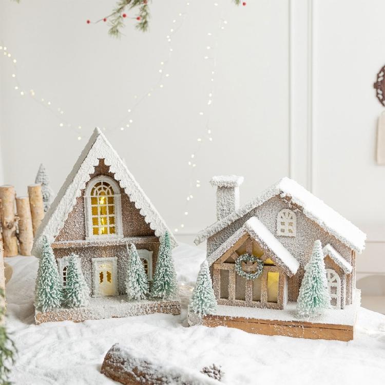 Table Display Christmas Cottage Ornament with Light Effect, Wooden Snow Cabin Decoration for Tabletop Shelf Styling
