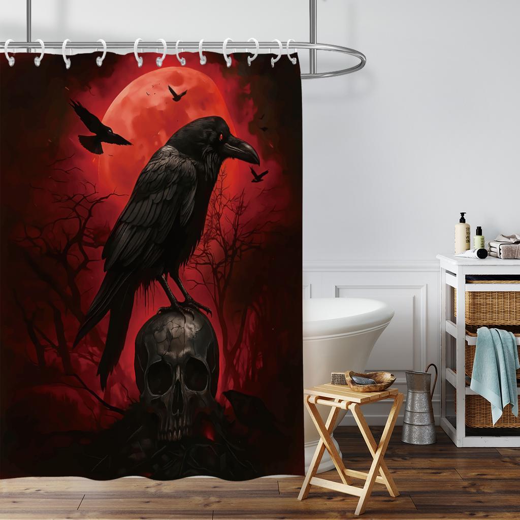 1 Stück Halloween Krähenschädel Druck Wasserdichter Dusch-Sichtschutz Hängevorhang, Mit 12 Haken, Mehrere Größen, Maschinenwaschbar