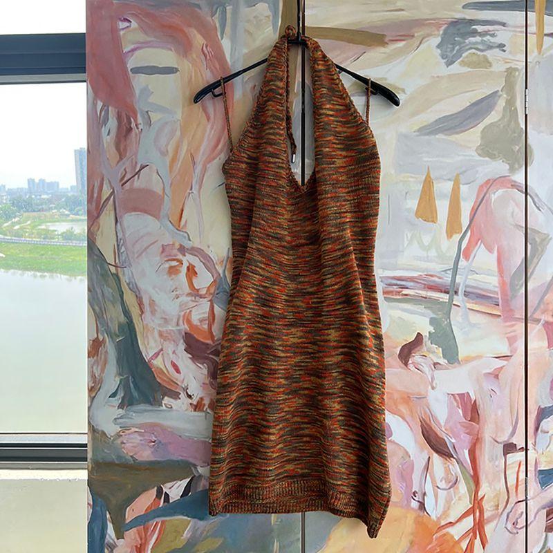 

Foreign Trade Original Order RUV * E High-Grade Sexy Gyaru Style Waist Hugging Slimming Hanging Neck Thin Knitted dress Three Colors Deep Orange M