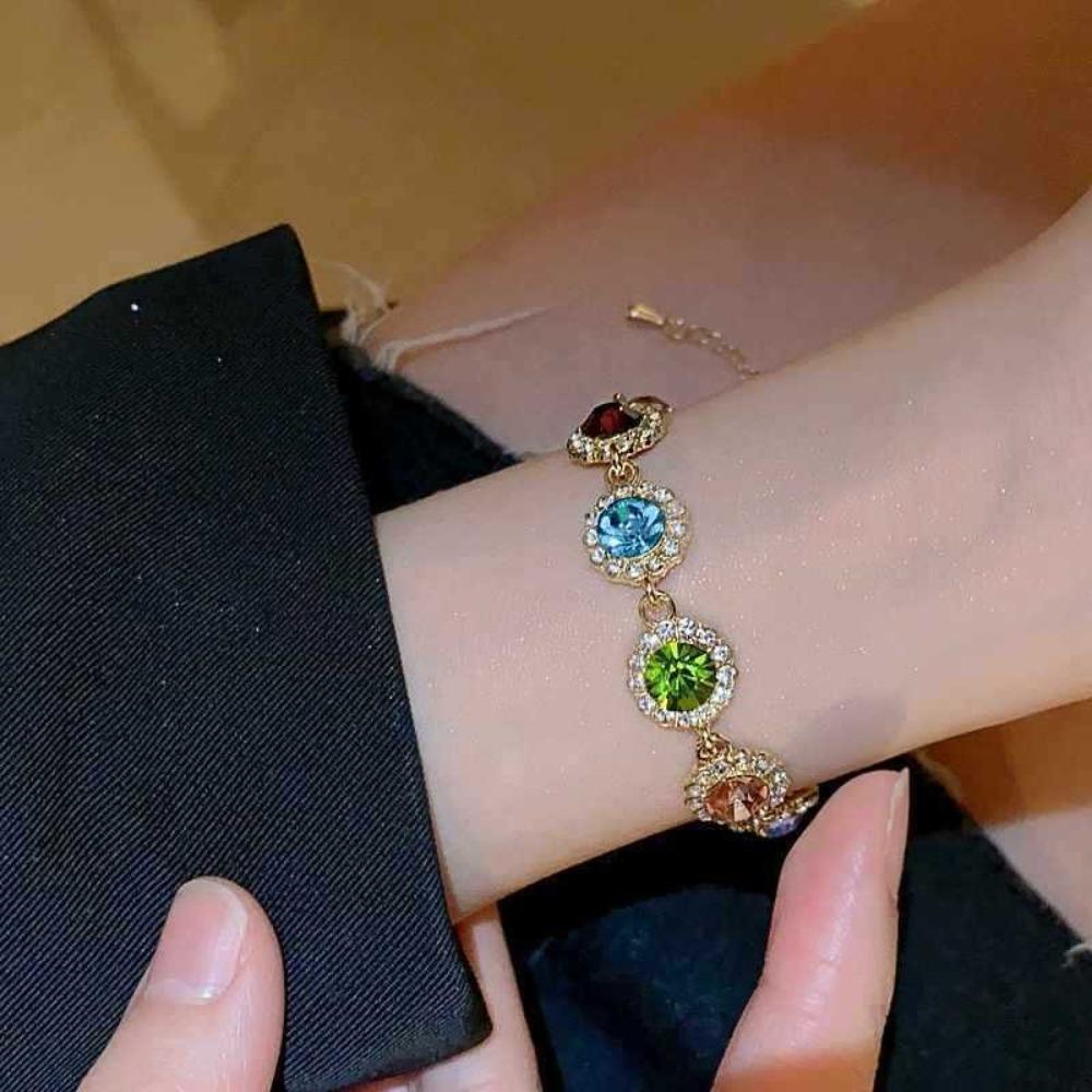 Shiny Zircon Bracelet Bangle Colorful Hand Chain Elegant Rainbow Rhinestone Bracelet  Lady