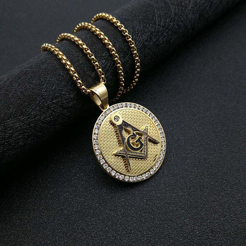 

HIP Hop Gold Silve Color Stainless Steel Freemason Masonic Necklaces Bling Compass G Pendants AAA CZ Jewelry Gift for Men Women 60cm золотий