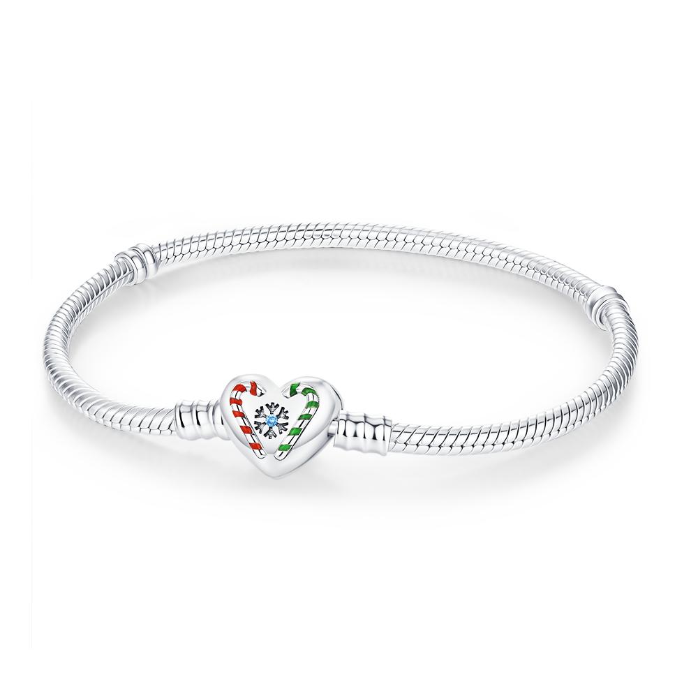

New Christmas Bracelet 925 Silver Crutch Sugar Chain Charm Bead Jewelry Women DIY Gift Handmade 17cm