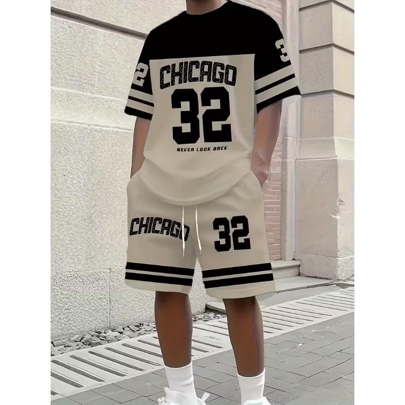Summer Men's Casual Chicago NO.32 Print Short Sleeve T-Shirt & Shorts Set Round Neck Short Sleeved Women's T-shirt Shorts Set