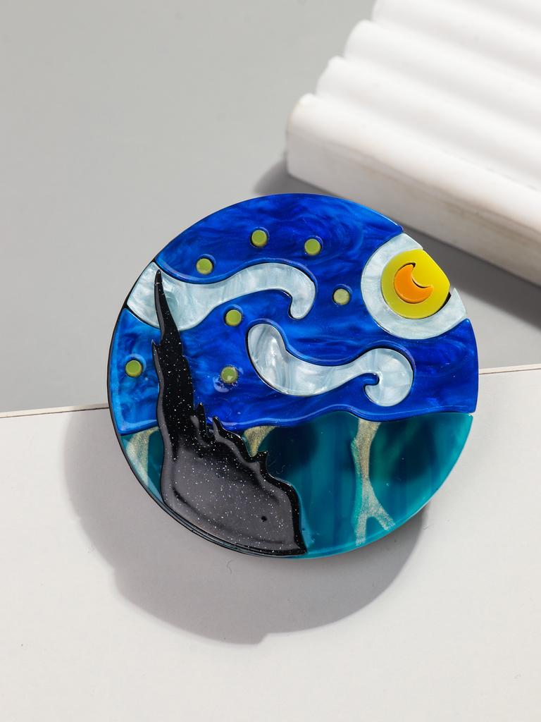 New World Famous Paintings The Starry Night Acrylic Brooch Round Circle Iridescent Brooches Pins for Women Clothing Accessories