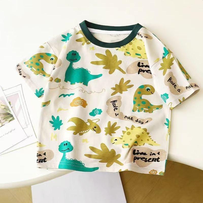 Мальчики Хлопок Футболка Короткий Рукав Топы Летние С Принтом Динозавра Дети Малыши Футболки Свободные Тонкие Контрастные Малыши Мальчики Футболка Одежда 80