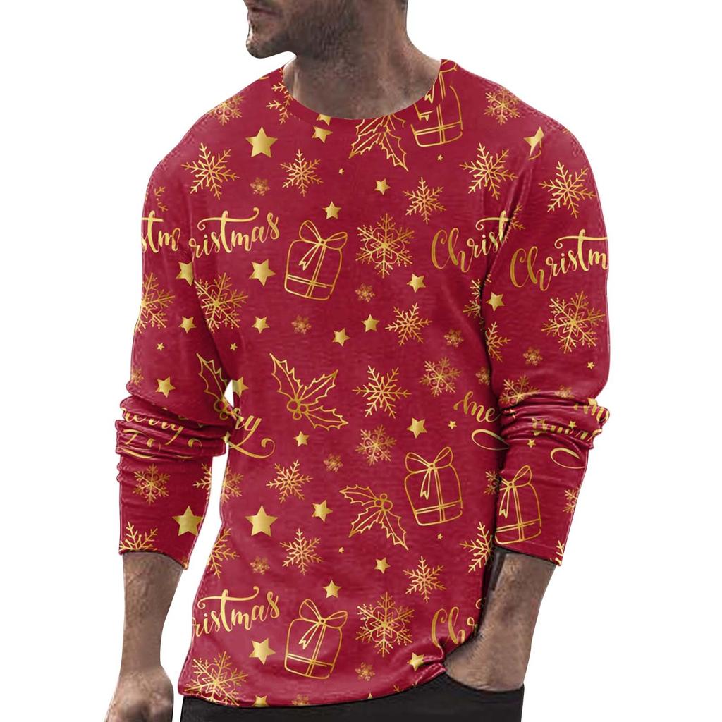Men's Casual Personality Fashion Christmas Print Round Neck Long Sleeve T-shirt