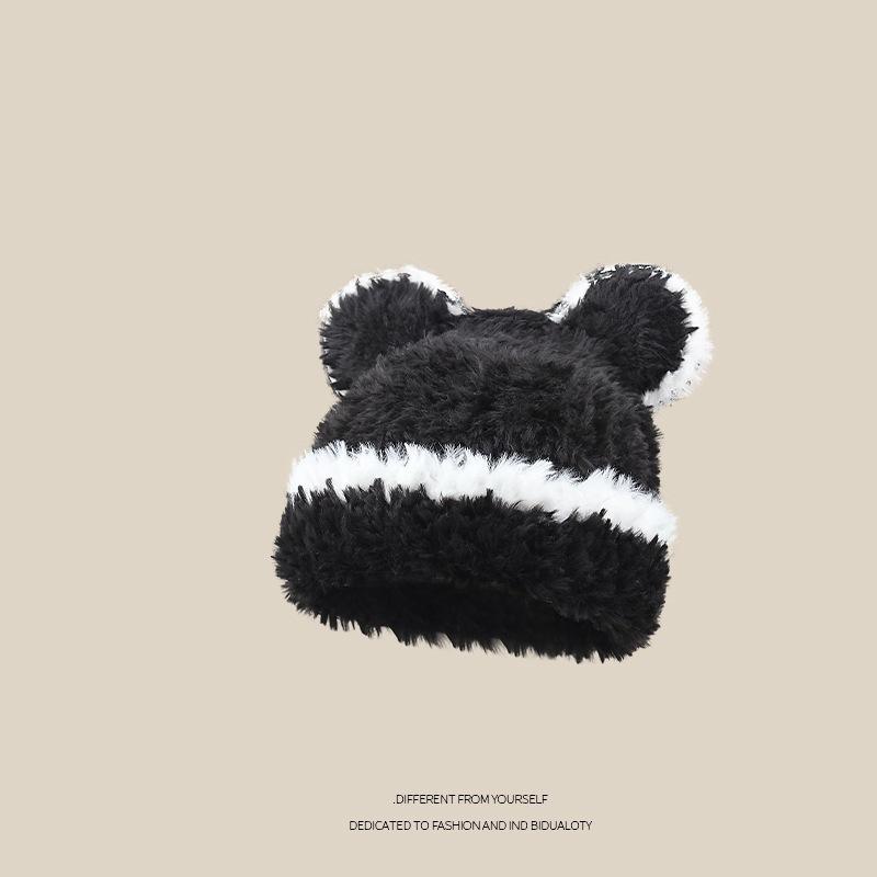 Winter bear new plush ear protection knitted hat female cute fashion versatile face small wool hat